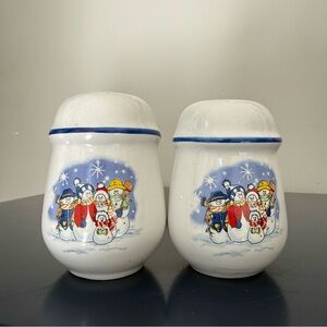Vintage Ceramic Snowman Salt & Pepper Shakers Set of 2 White Blue Winter Holiday
